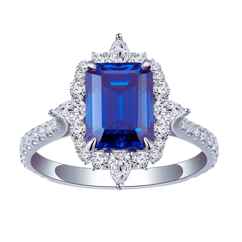 14k White Gold Emerald Cut Sapphire Moissanite Ring