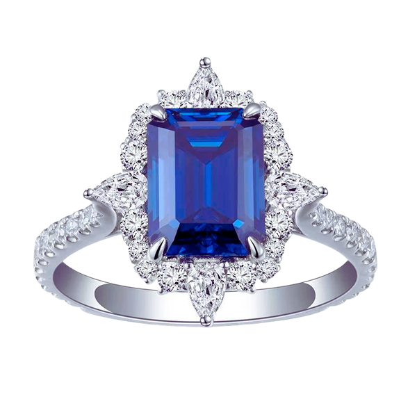 14k White Gold Emerald Cut Sapphire Moissanite Ring