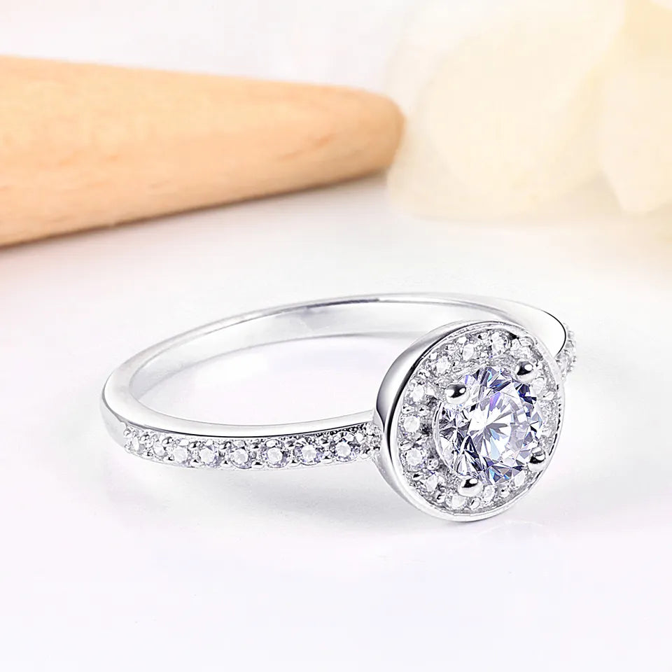 Sterling Silver Halo Setting CZ Diamond Ring