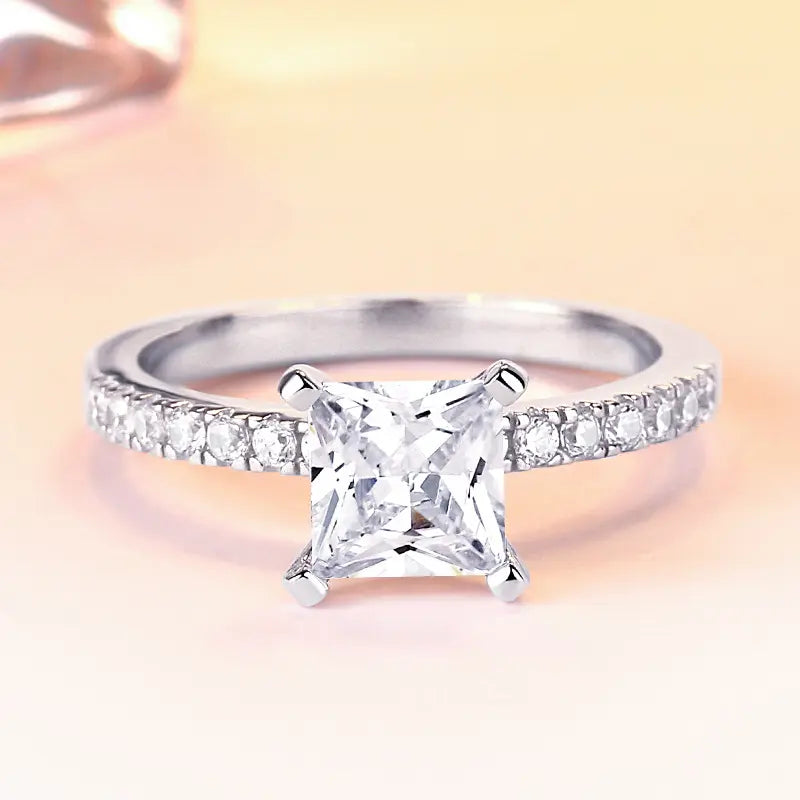 Trendy Sterling Silver 4 Prongs Zircon Diamond Ring