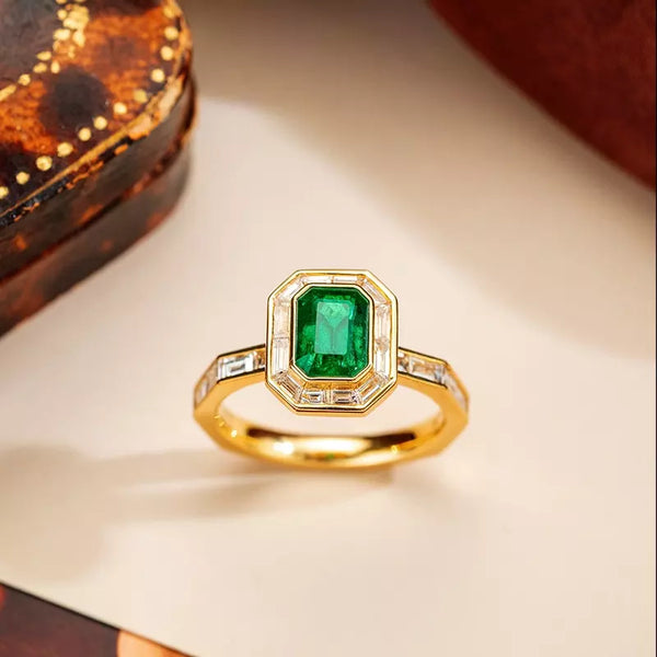 Natural Emerald White Diamond 18k Solid Gold Ring