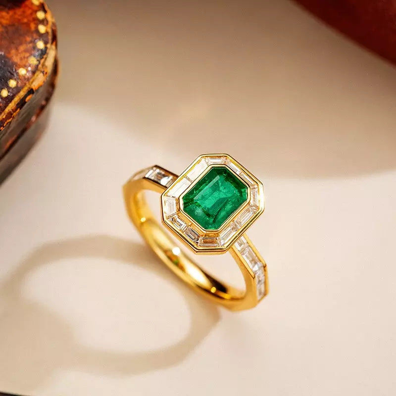 Natural Emerald White Diamond 18k Solid Gold Ring