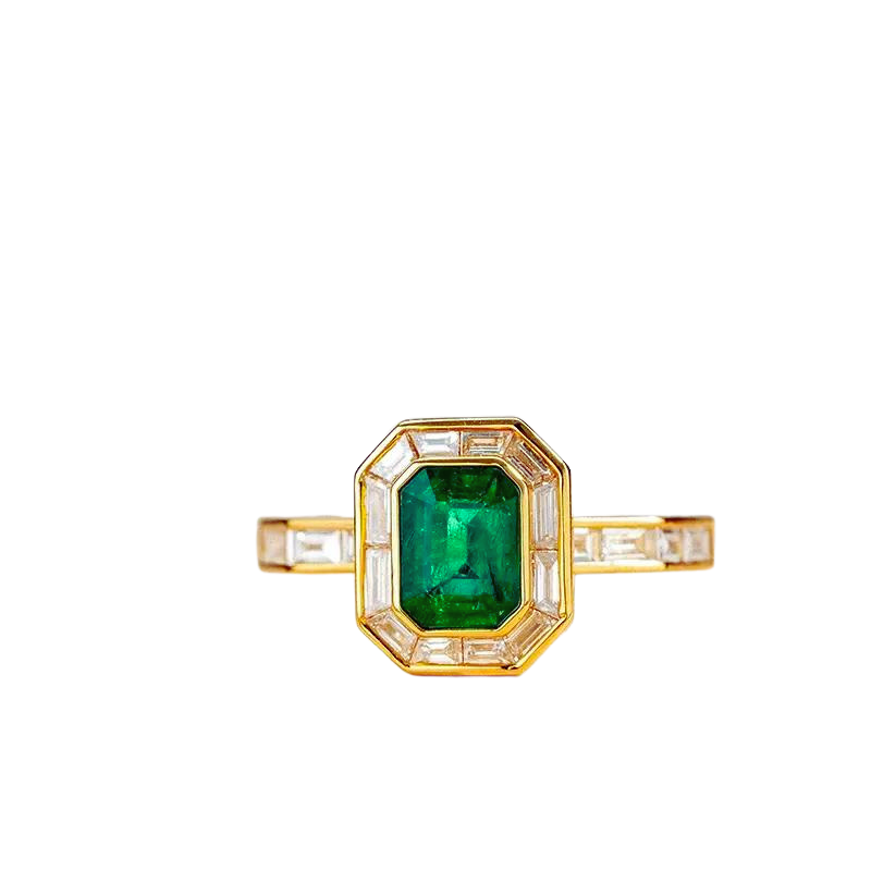 Natural Emerald White Diamond 18k Solid Gold Ring