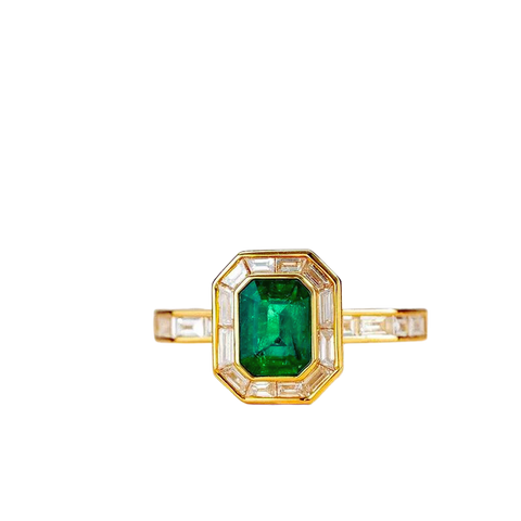 Natural Emerald White Diamond 18k Solid Gold Ring