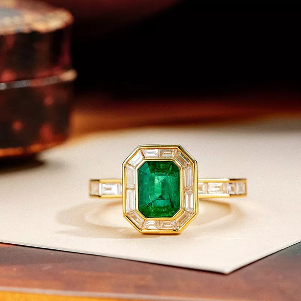 Natural Emerald White Diamond 18k Solid Gold Ring