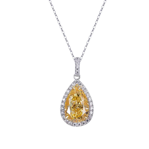 Silver Sterling Tear Drop Bright Yellow Cubic Zirconia Solid Necklace