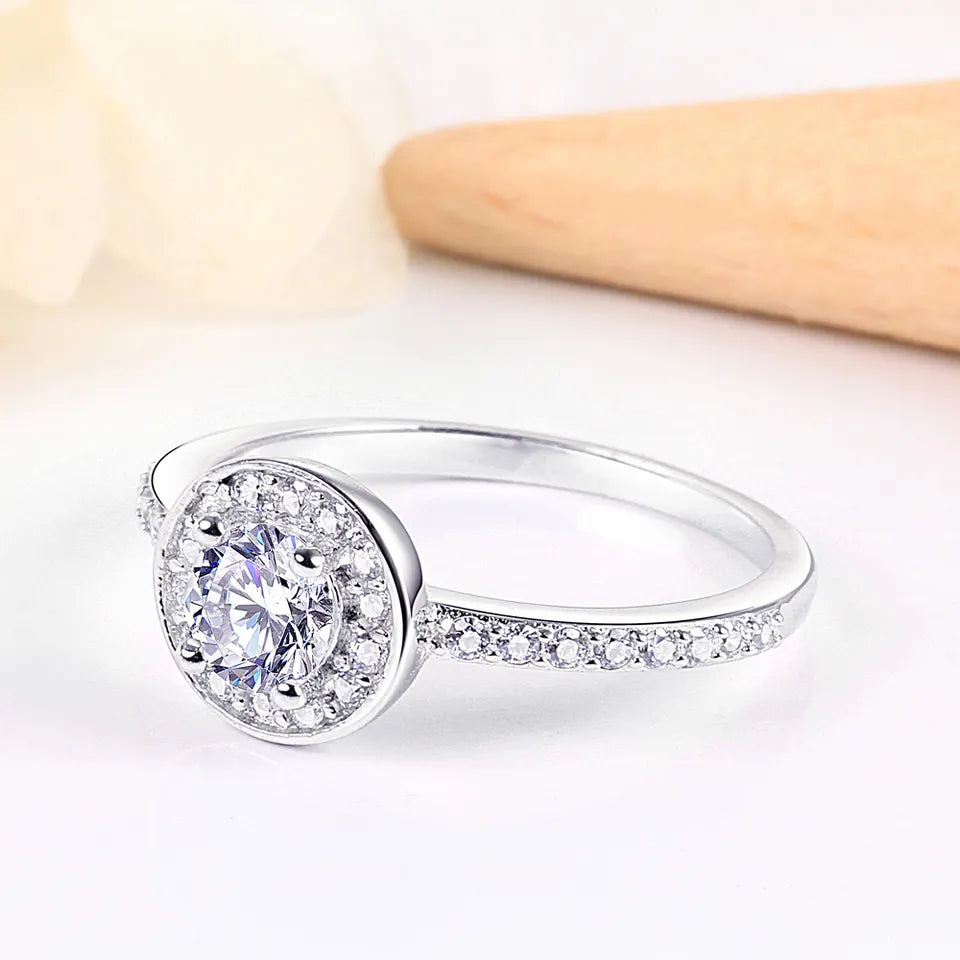 Sterling Silver Halo Setting CZ Diamond Ring