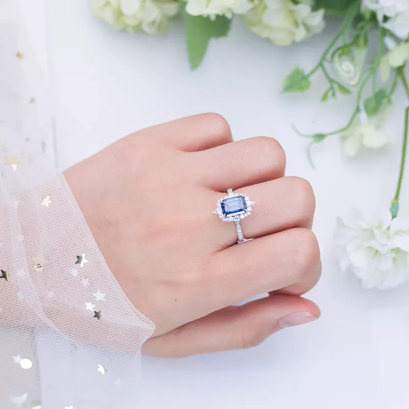 14k White Gold Emerald Cut Sapphire Moissanite Ring